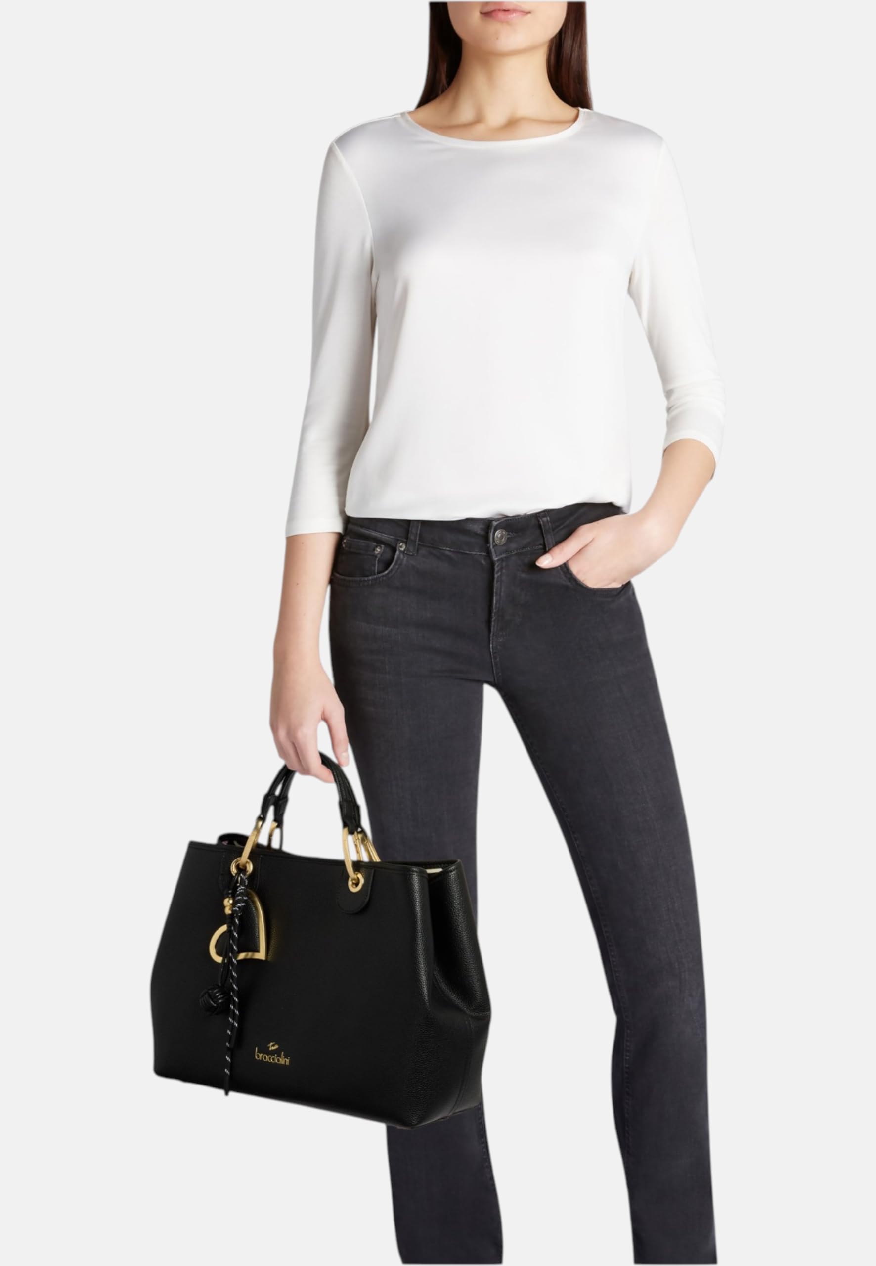 Braccialini Beth - Bolso de mano grande de piel sintética con asas dobles y correa de hombro ajustable extraíble con logo, doble portabilidad para uso diario