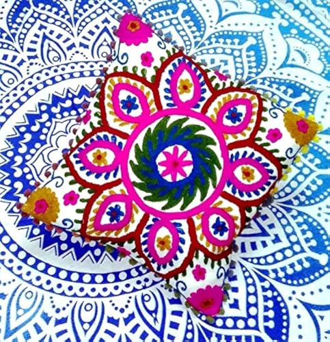 Traditional Jaipur Suzani - Funda de almohada bordada, cojines indios para exteriores, funda de almohada decorativa, funda de cojín con pompones de 16 x 16 pulgadas, fundas de almohada bohemias