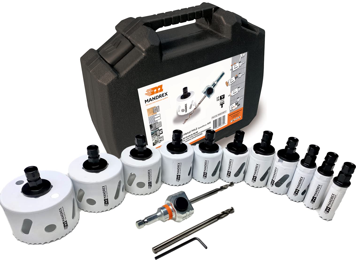 Mandrex SpeedXcut - Juego de sierras perforadoras (15 piezas, bimetal, 8% aleación de cobalto, 45 mm de profundidad de corte, para acero inoxidable, diámetro de 20-76 mm)