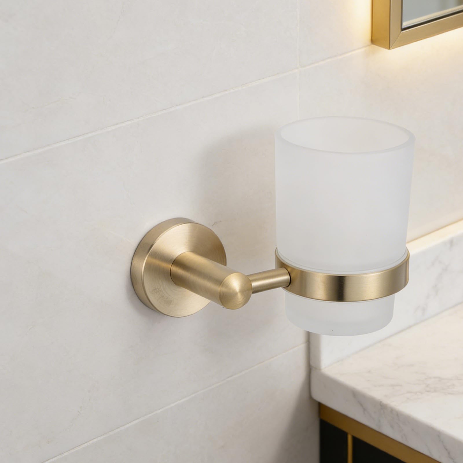 Portaspazzolino da denti a parete: portasciugamani in acciaio inox con bicchiere in vetro smerigliato - Accessori da bagno in oro spazzolato per bagno e toilette