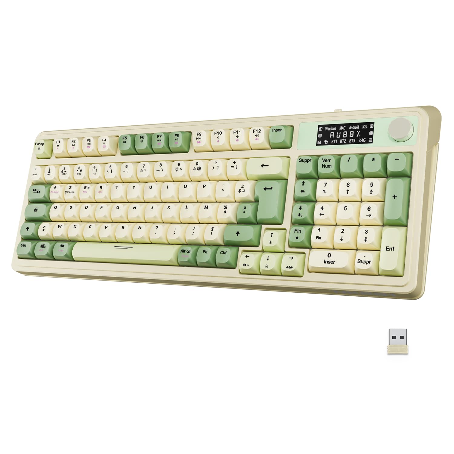 NEWWAY NK251 – Clavier sans Fil Rechargeable Affichage LCD Numérique Molette Multifonction - AZERTY français – Triple Mode (WiFi 2.4 GHz, BT, USB-C) - Récepteur USB au Dos