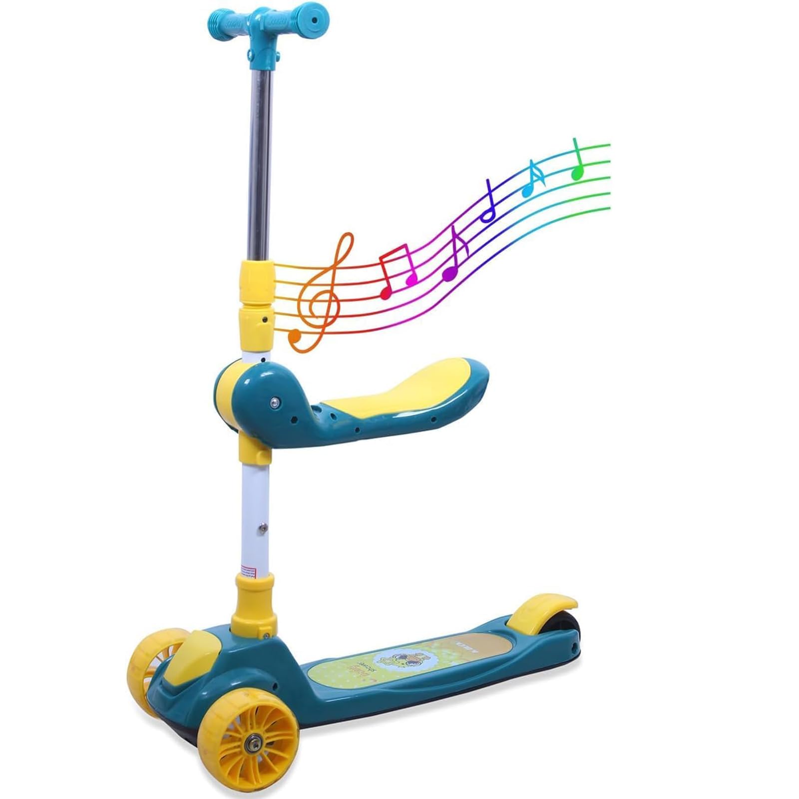 BeauentyKids Kick Scooter, 3-Wheel Kids Scooter with Music Foldable Seat and Height-Adjustable Handles, Scooter for Kids 3-7 Years Old with Light up Wheels and Rear Brake