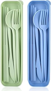 Travel Cutlery Set with Case, 2 Sets Plastic Knife Fork Spoon Set, Reusable Camping Portable Cutlery Set for Daily Use or Travel Picnic Camping Work School (Light Blue + Light Green)