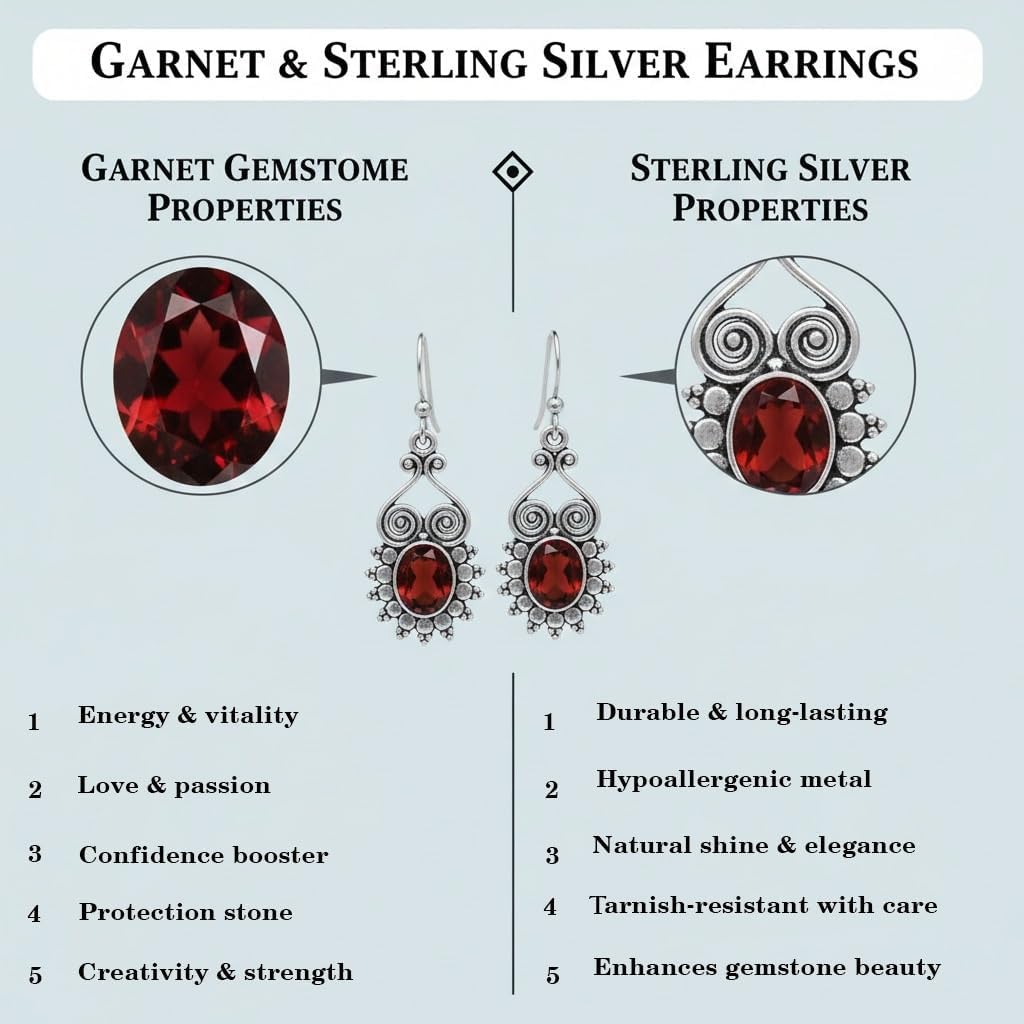 925 Sterling Silver Garnet Drop Earrings Handmade Natural Red Garnet Vintage Style Dangle Earrings for Women