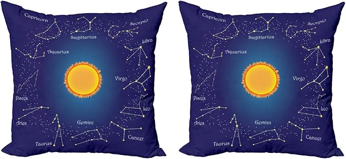 Lunarable Astrology Decorative Throw Pillow Case Pack of 2, Celestial Star Chart Constellation Around Sun on The Sky Aries Sign, Couch Bedroom Living Room Cushion Cover, 20