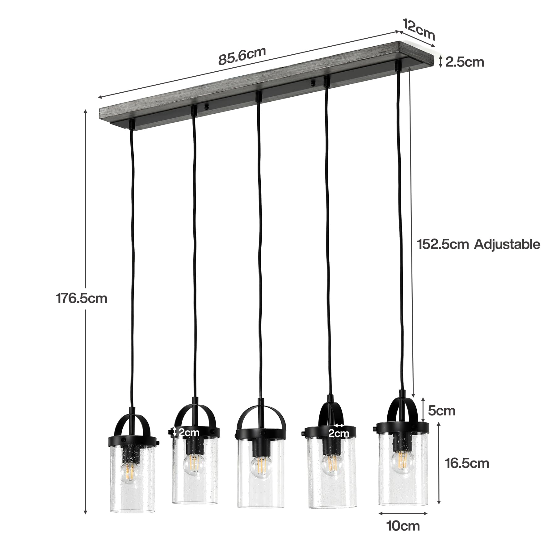 Tribesigns Lámpara de araña lineal negra de 5 luces, iluminación para isla de cocina de estilo rústico con pantallas de vidrio texturizado para comedor, altura ajustable, casquillo E27