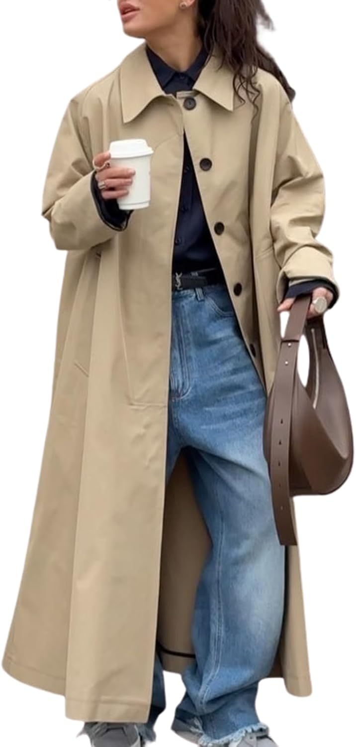 chouyatou Women's 2025 Fall Single Breasted Maxi Long Trench Coat Loose Cotton Business Casual Overcoat