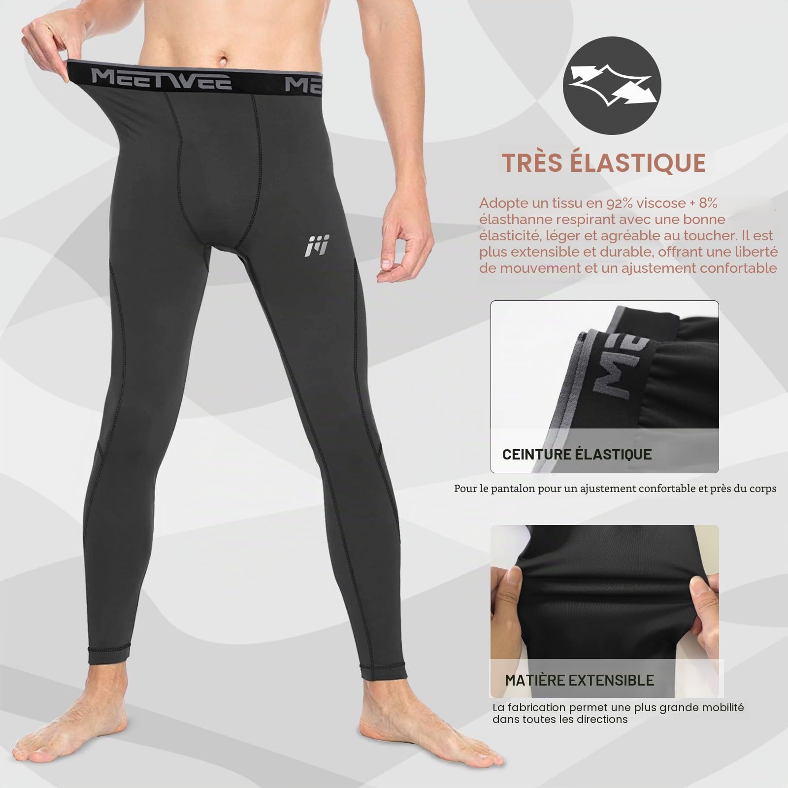 MEETWEE Pantalon Thermique Homme,sous-Vêtements Thermique Caleçon Long Collant Chaud Compression Base Layer Legging