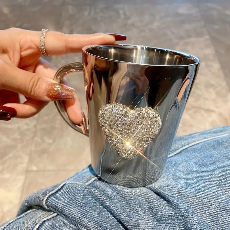 Heart-Shaped Crystal Rhinestone Stainless Steel Coffee Mug, Small Camping Mugs with Handle Durable and Reuseable Mug Cup for Water,Iced Coffee,Milk,Tea,Juice - Image 2