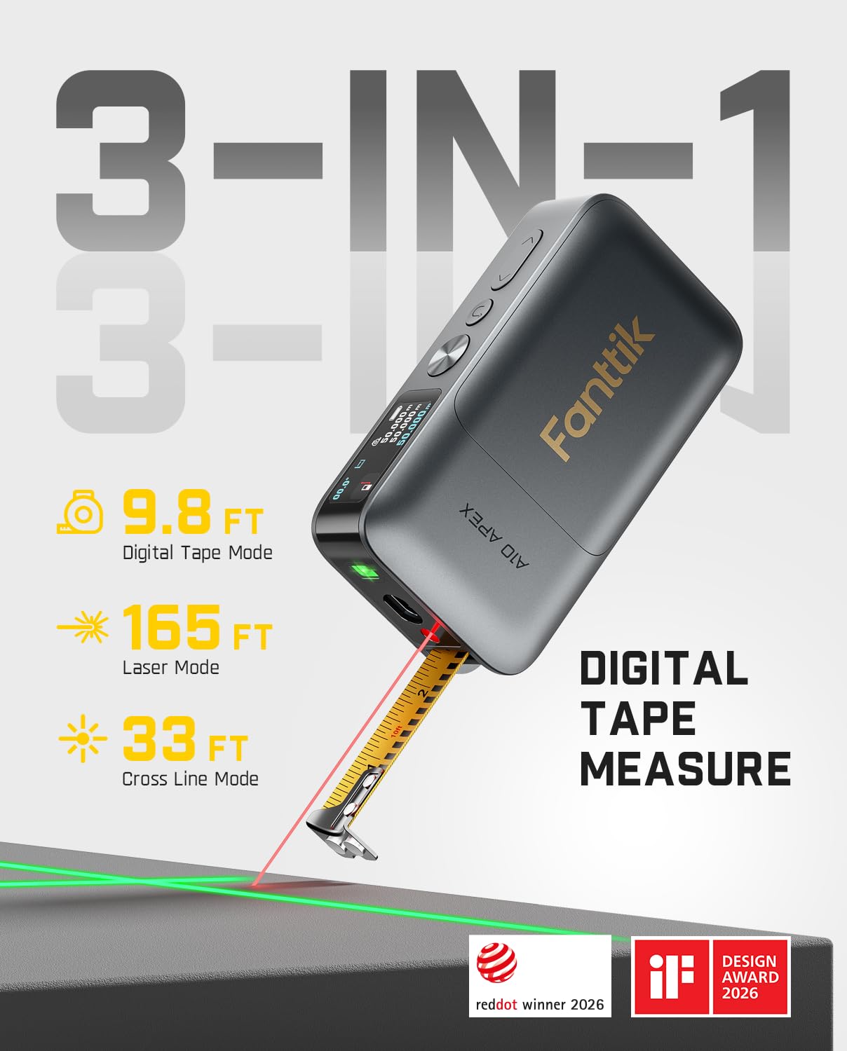 Fanttik A10 Apex 3-in-1 Digital Laser Tape Measure with Cross Line Laser — Amazon image 2