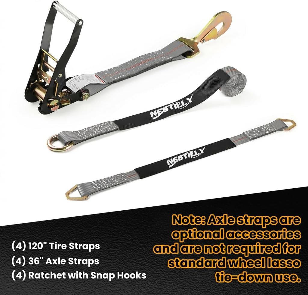 Over Wheel Tie Down Straps for Trailers, 4 Pack 2" x 10' Heavy Duty Ratchet Straps 10,000 lbs Break Strength, Tire Lasso Straps with Snap Hooks for Car Hauler, UTV, ATV, Includes (4) 36" Axle Straps