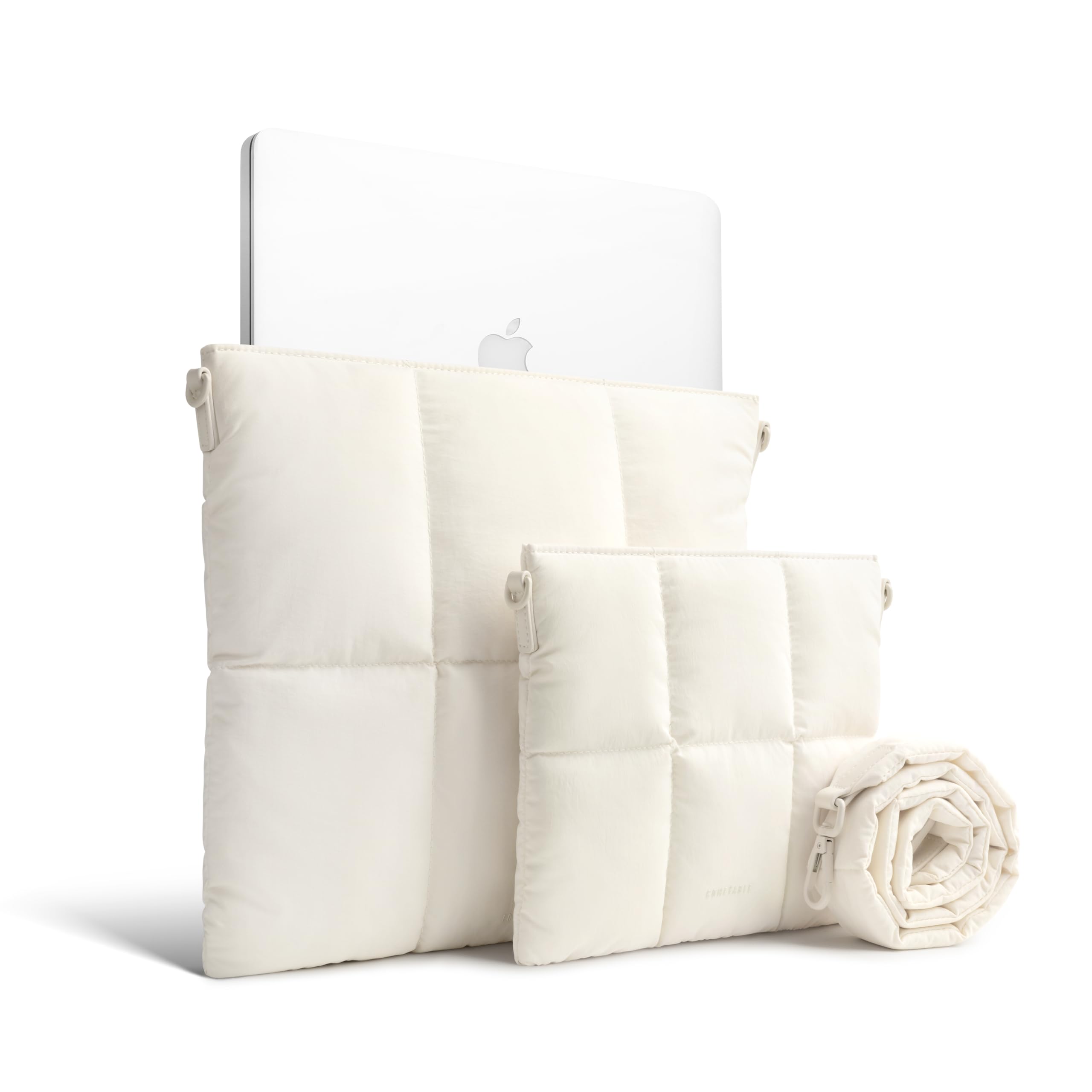 Comfyable Puffy Laptop Sleeve 13 Inch 14 Inch, Quilted Puffer Pillow Case with Strap Compatible for MacBook Air 13”, MacBook Pro 13 Inch 14 Inch M5 M4 M3 M2 M1, Sleeve & Organizer Bundle, Rice