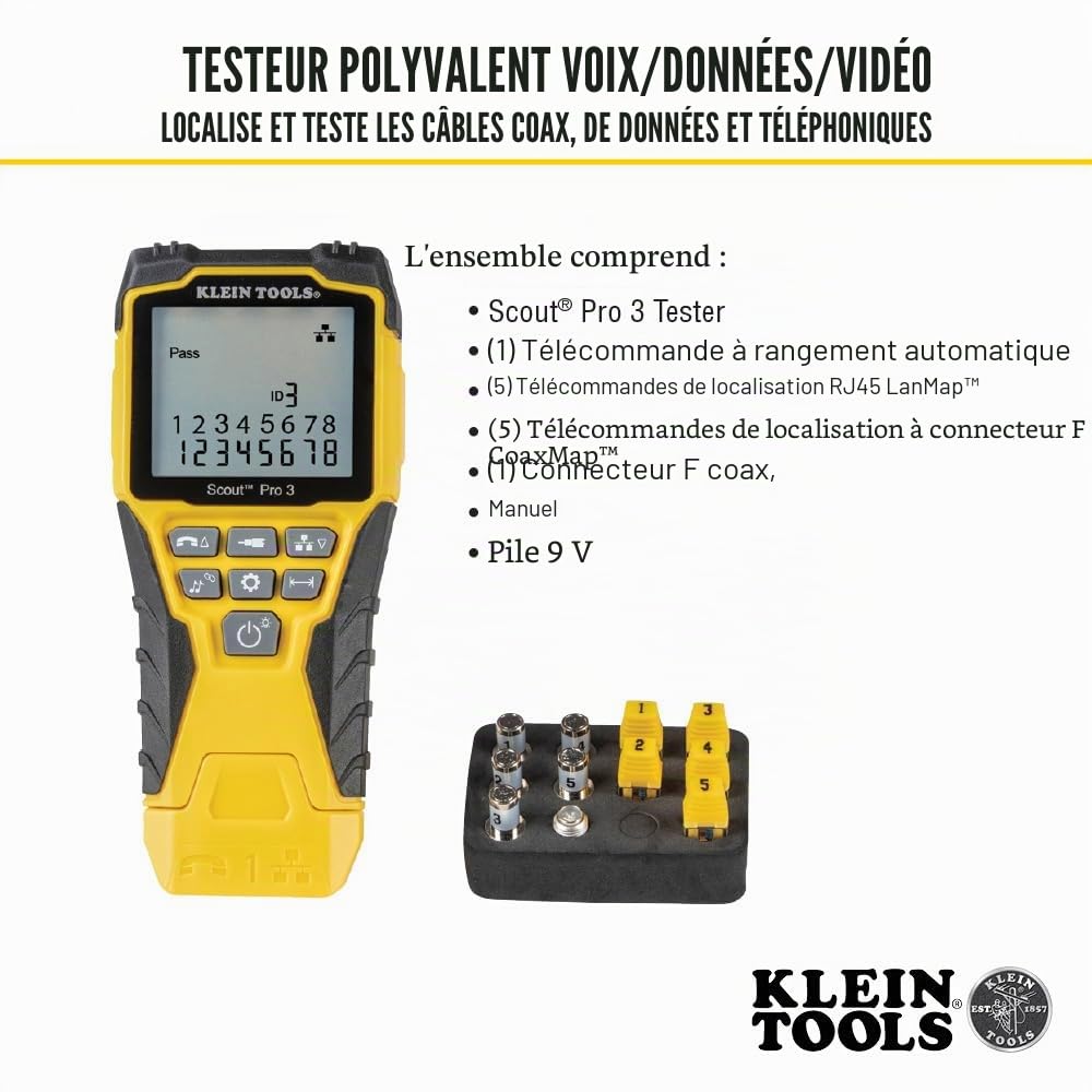 Klein Tools Scout® Pro 3 VDV501-851E Kit de testeur de câble Ethernet avec identification à distance pour RJ45, RJ11, coaxial, avec adaptateur de câble et 5 unités à distance, test réseau et
