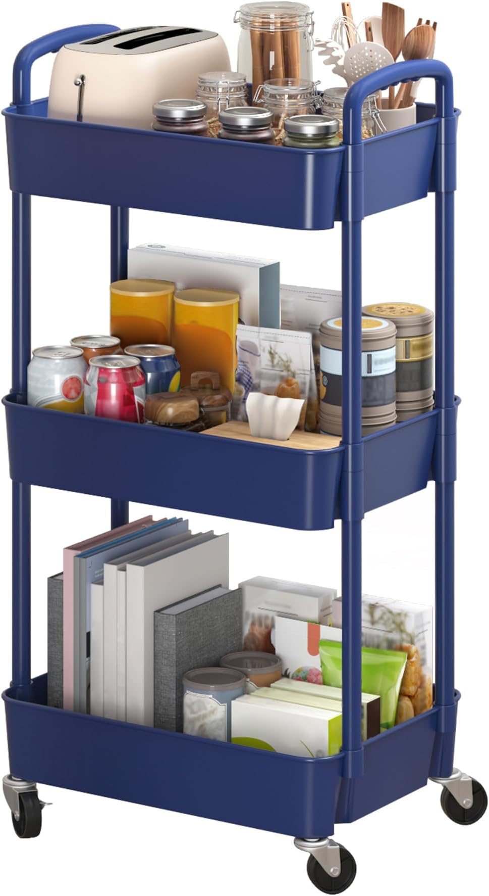 Sywhitta 3-Tier Plastic Rolling Utility Cart with Handle, Multi-Functional Storage Trolley for Office, Living Room, Kitchen, Movable Storage Organizer with Wheels, Blue
