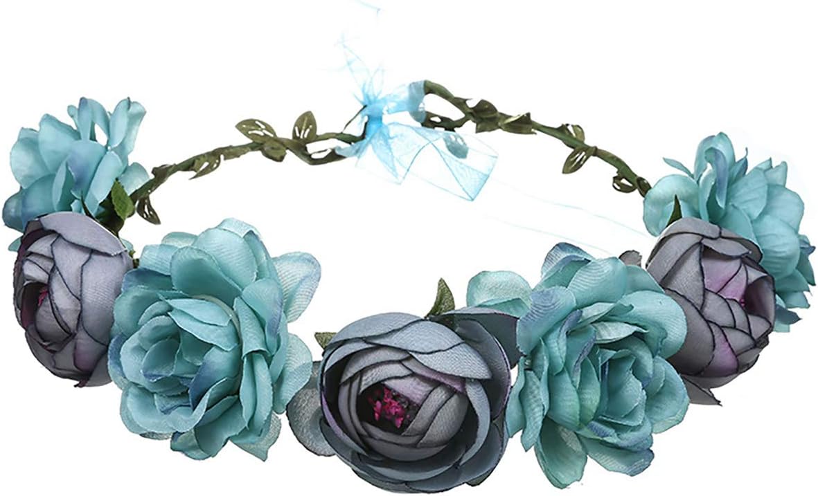 Women Rose Floral Crown Hair Wreath Leave Flower Silk Headband with Adjustable Ribbon