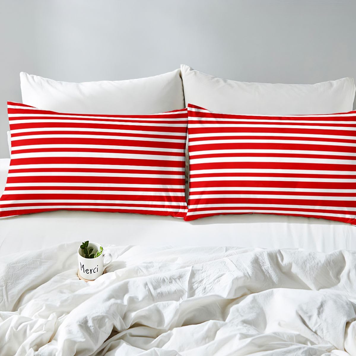 Homemissing Rouge Weiß Gestreift Carreau Drap Housse 180x200cm