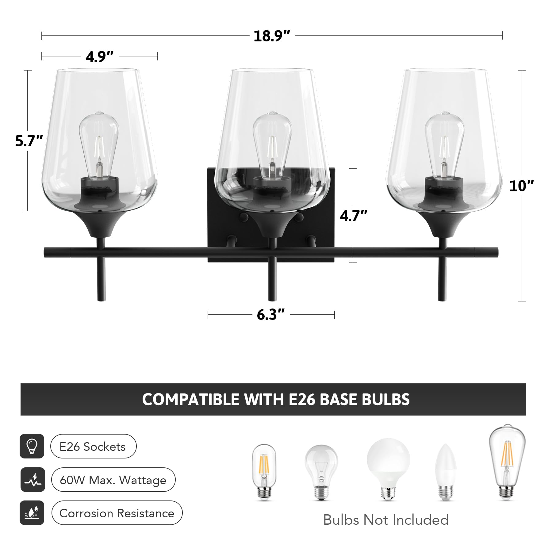 Lámpara de tocador de baño, lámpara de baño de 3 luces sobre el espejo, lámpara de pared de baño con vidrio transparente, accesorios de iluminación negros modernos para baño, dormitorio 4
