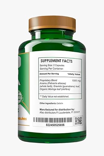 Miniatura 2 de Graviola Guanábana Annona muricata Anamu Moringa Superalimento Verde para Apoyo Antioxidante 120 Cápsulas