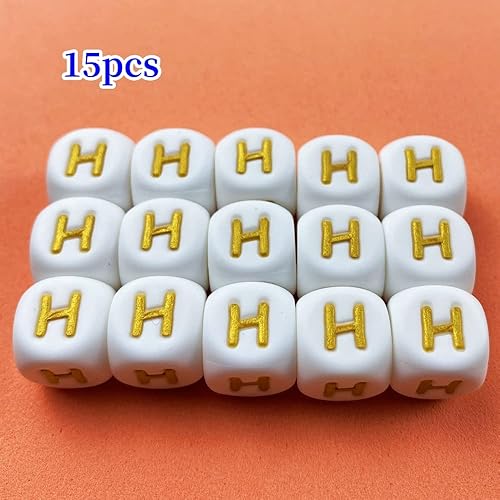 Miniatura 2 de Cuentas de letras de silicona, 15 cuentas de silicona del alfabeto de 0.472in, cuentas cuadradas del alfabeto, letras doradas a granel, cuentas de