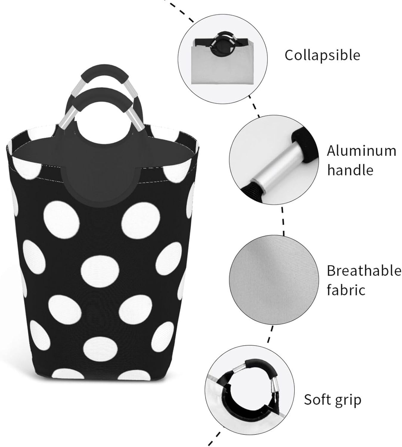 Large Laundry Basket, Retro Black and White Polka Dots Laundry Hamper Bag Collapsible Washing Bin With Handles for College Dorm, Family Essentials Storage