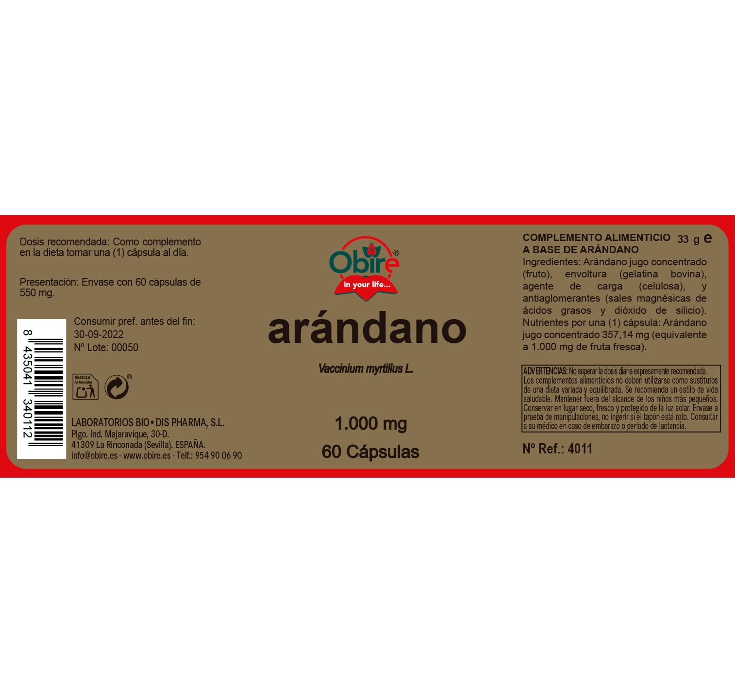Obire | Arándano 1000 mg | 60 Cápsulas | Pack de 3 Unidades | Extracto Seco Rico en Vitamina C | Bienestar General