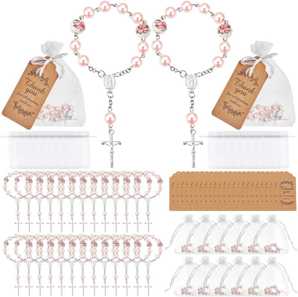 50 Sets Pink Baptism Rosary, Mini Rosary Favors Finger Baptism Favors Set with 50Pcs Organza Gift Bags and Kraft Paper Thank You Cards for Communion Decorations Easter Wedding Party