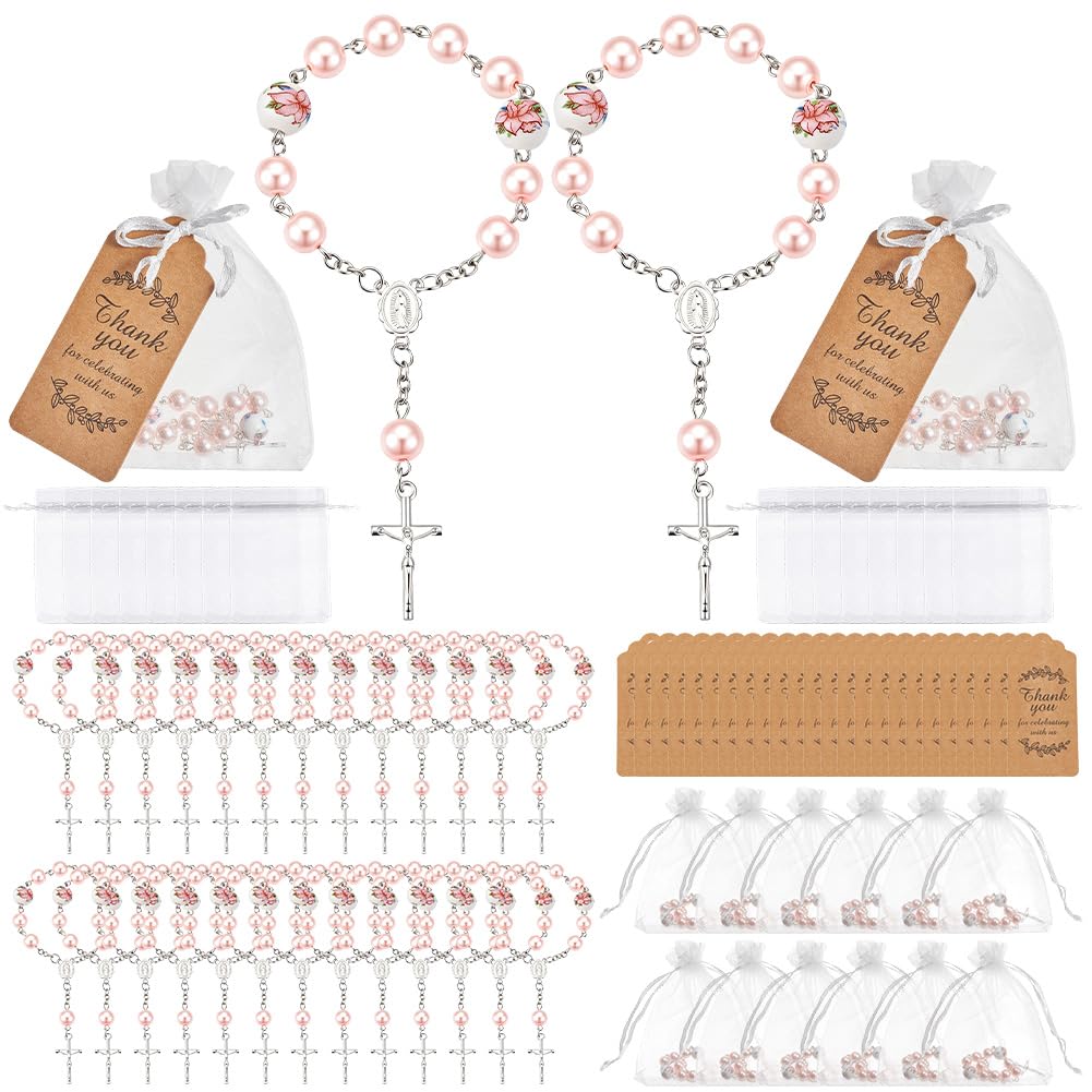 INTERWARM 50 Sets Pink Baptism Rosary, Mini Rosary Favors Finger Baptism Favors Set with 50Pcs Organza Gift Bags and Kraft Paper Thank You Cards for Easter Communion Decorations Weddings Party