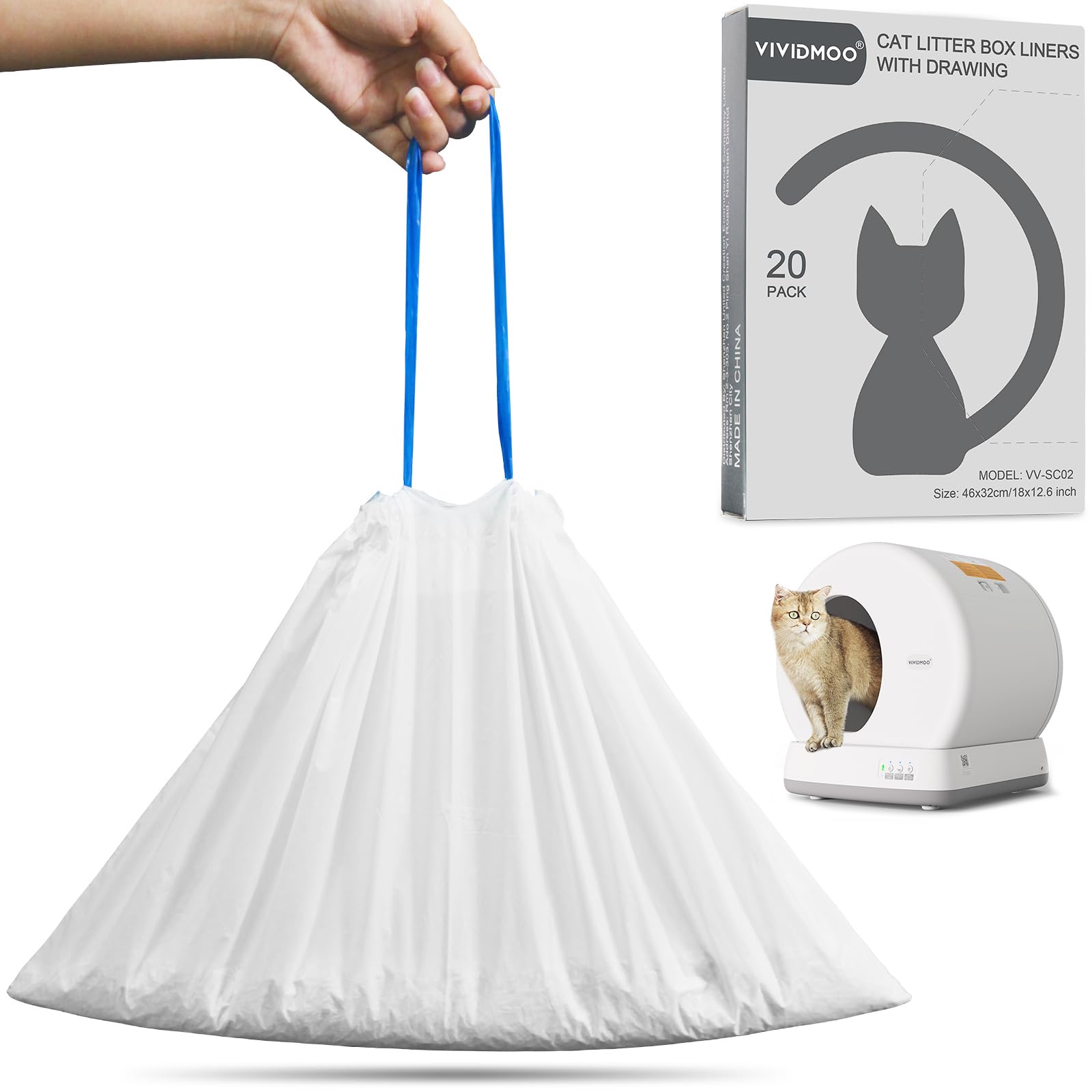 VIVIDMOO Sacchetti Lettiera Gatto 460 x 320 Mm Con Cordino Per， Lettiera Automatica Per Gatti, Resistente Alle Forature e Agli Strappi, 1 Scatola/20 Pezzi