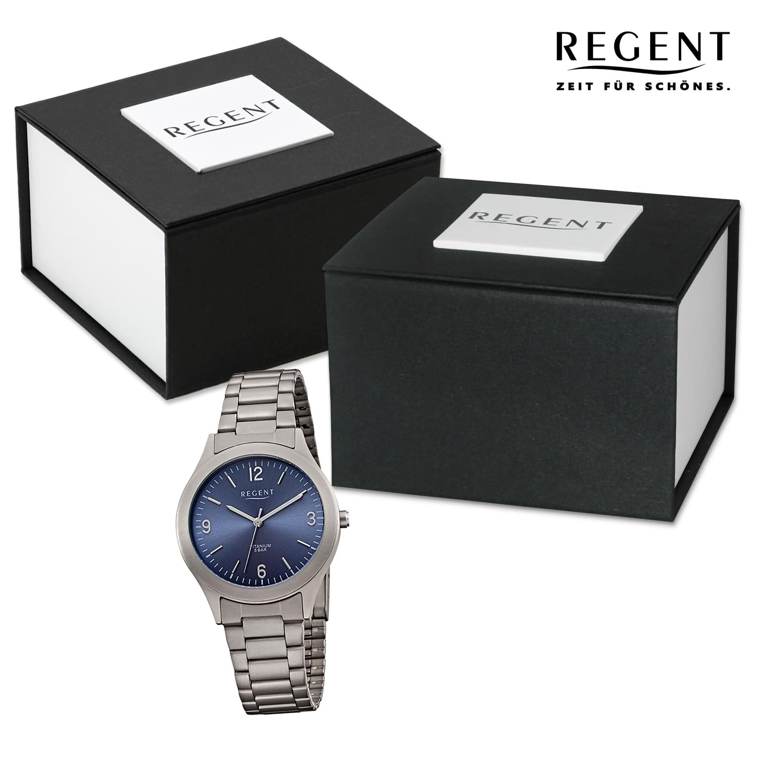 REGENT Titanuhr Herren 37mm 5-Bar Zifferblatt blau F-1438