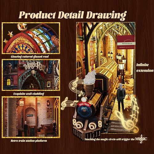 Image of Book Nook Kit - DIY Miniature House Shelf Insert with LED Lights & Music, Retro Train Station 3D Wooden Puzzle for Adults, Bookshelf Decor Gift for Home Office Desk (Magic Train Station)