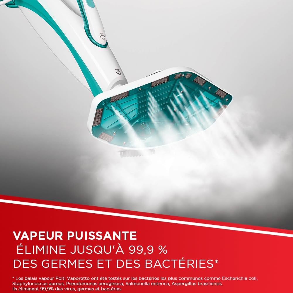 Polti Vaporetto SV450 Double, Balai Vapeur 2-en-1 avec Nettoyeur à Main, 13 Accessoires Inclus et Serpillères Supplémentaires, Réservoir Amovible de 0,3 l, Bleu Clair et Blanc