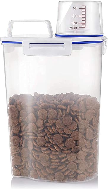 Dry Food And Grains Container - Pet Food Storage Container With Measuring Cup | Large Pour Spout And 4 Seal Buckles | Small & Practical Capacity | Airtight Design | Easy To Grasp And Easy To Clean