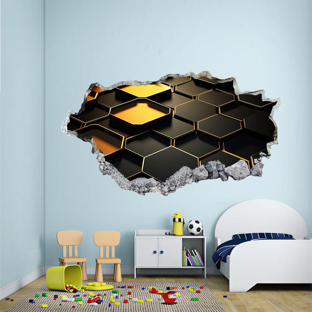 3D Wandtattoo Durchbruch Wanddeko Geometrie Wanddurchbruch sticker Wandbild Wandsticker Schwarz Und Gold Wohnzimmer Wanddeko Wandaufkleber für Kinderzimmer Mädchen Teenager Zimmer