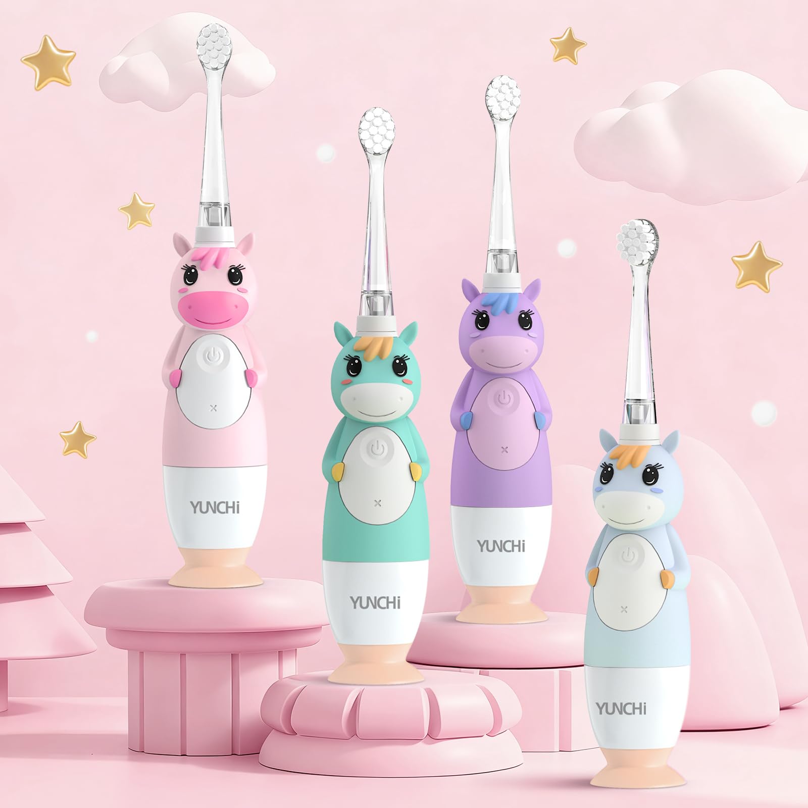 YUNCHI Spazzolino elettrico per bambini 0-3-6 anni, spazzolino elettrico per bambini con luce LED colorata, alimentato a batteria, con timer di 2 minuti, 4 testine, spazzolino da denti per neonati