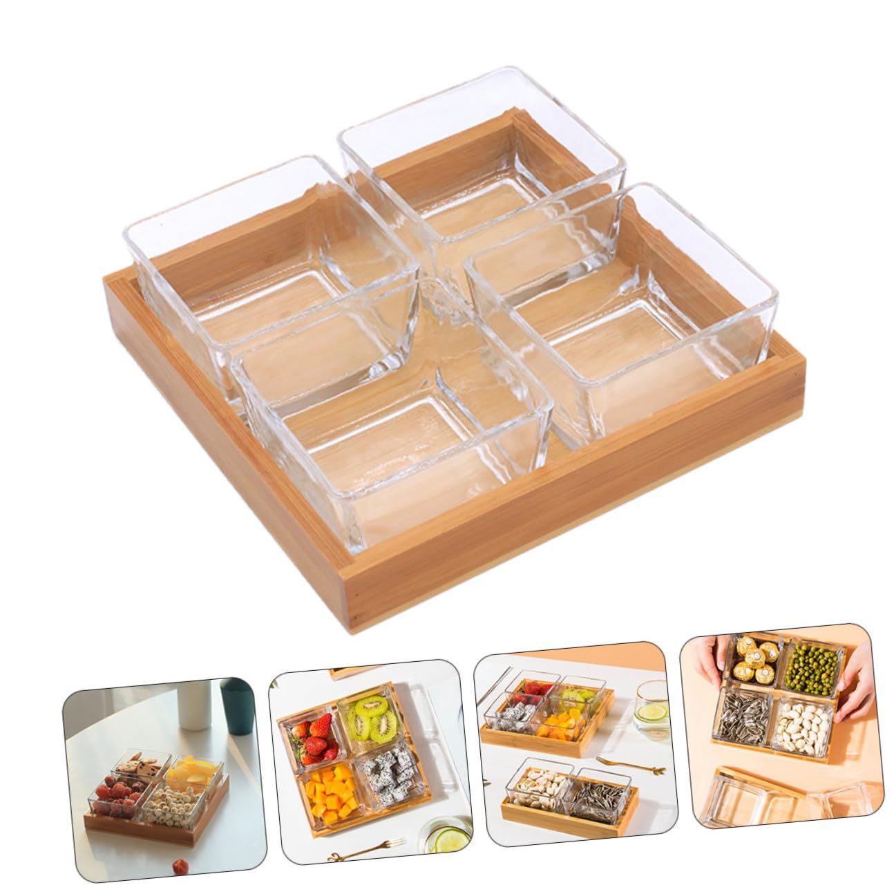 BESPORTBLE Plateau de Service Divisé Verre avec Support Bois Assiette Snack pour Fruits Secs et Noix de Compartiments sans Couvercle Plateau Apéritif Multifonction pour Maison et Fête