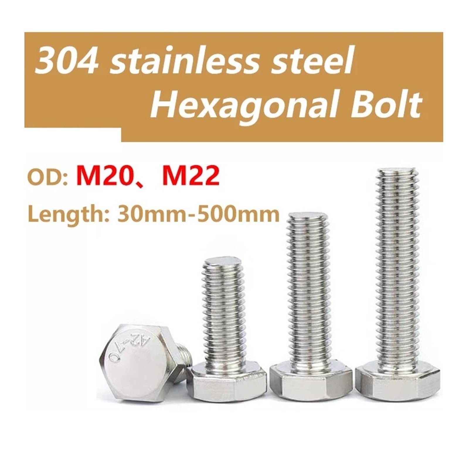 1 vis hexagonale extérieure en acier inoxydable 304, boulons allongés M20M22(M20x140(1pcs))