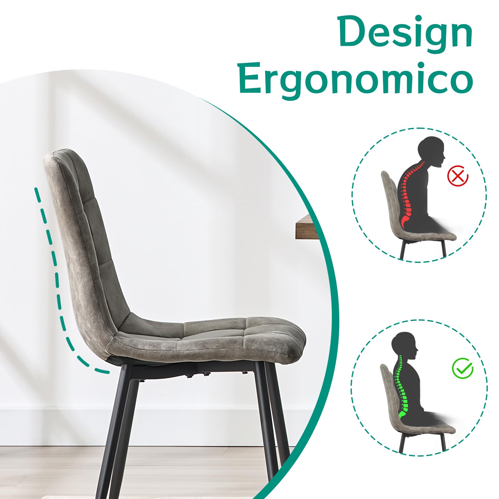 JIJIAN Set di 4 Sedie Sala da Pranzo, Sedie da Cucina in Tessuto Tecnologico, Sedie imbottite per Soggiorno con Gambe in Metallo Nero, Adatte per Sala da Pranzo, Sala d'attesa, Grigio Cachi