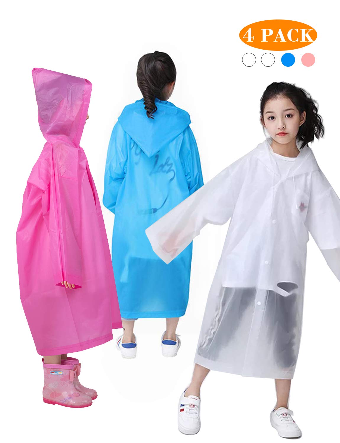 Ponchos Family Pack, 4 Pack Reusable Rain Ponchos for Kids and Adults, Perfect for Multifunctional Super Waterproof and Durable Raincoat for Hiking,Camping,Fishing,Cycling and More