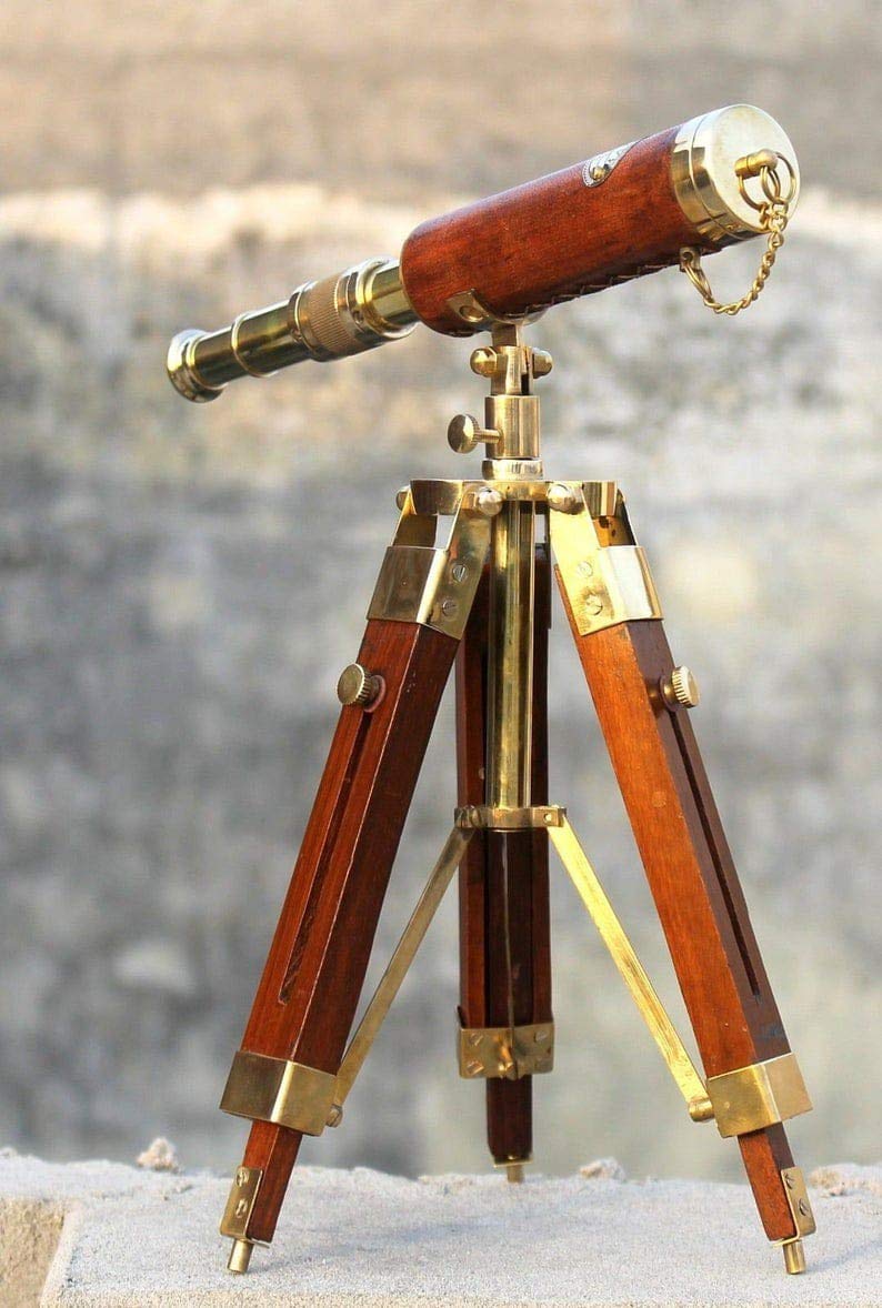 Vintage Brass Nautical Telescope with Leather Grip & Wooden Tripod Stand | Antique Golden Showpiece for Home Décor, Office, Gifting, Maritime Collectible (12" Adjustable Height)