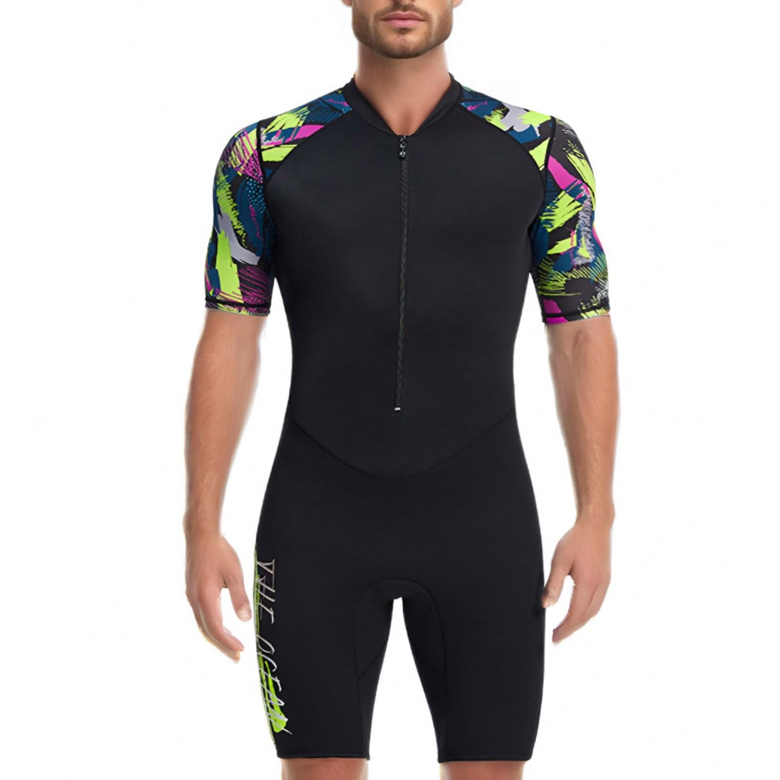 Swimming Costume for Men Adult 1.5mm Shorty Wetsuit Neoprene Diving Suit for Snorkeling Swimming Surfing One Piece Swimsuit Short Sleeve Rash Guard Set — image 1