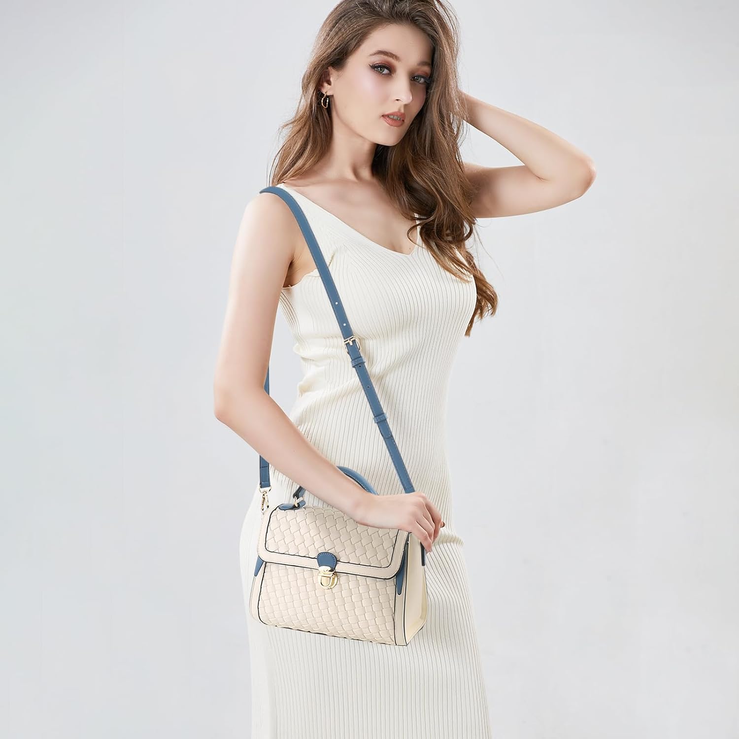 Woven Purses For Women Crossbody Bag Vegan Leather Hand Woven Handbag Shoulder Bag Top Handle Satchel Zip Cross Body Purse (Beige) - Image 2