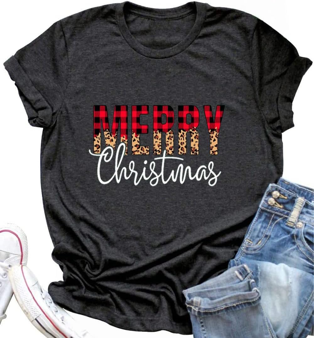 DESFSE Merry Christmas Shirts for Women Christmas Short Sleeve Tshirt Xmas Buffalo Plaid Tree Cute Graphic Print Tee Tops