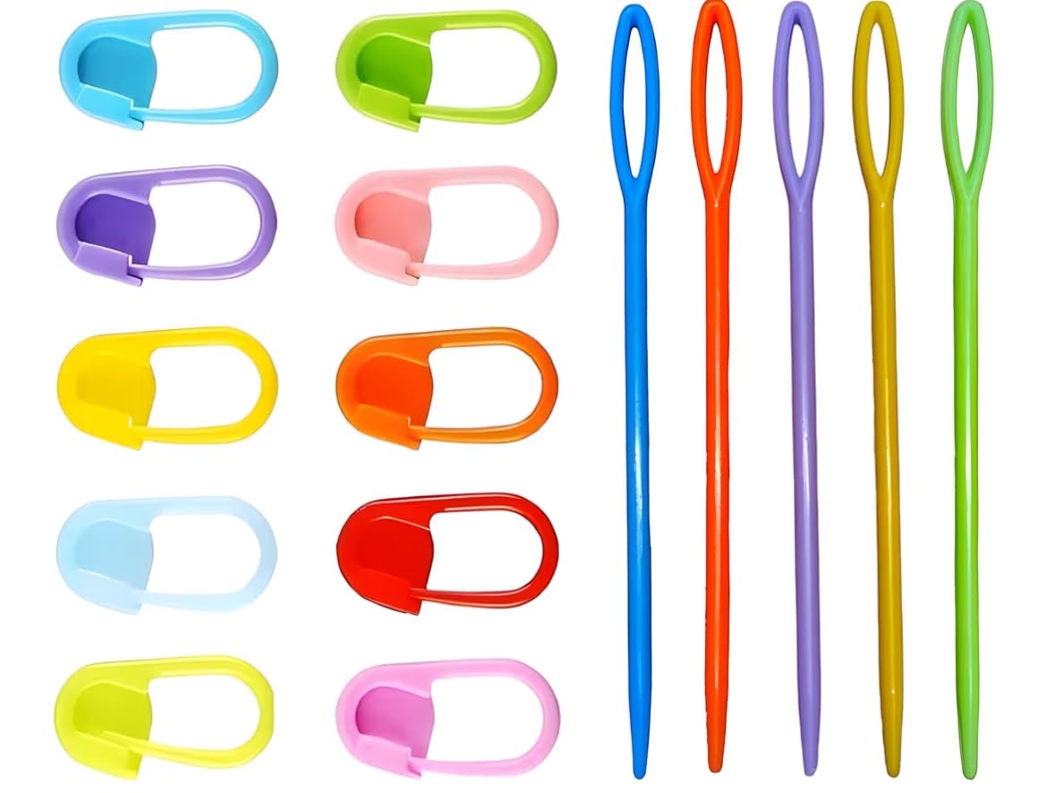 Plastic Locking Knitting Crochet Stitch Markers (12Pcs, Multicolor)+ Colourful Large Eye Plastic Sewing Yarn Needles Cross Wool Weave Stitch Crochet Needles (3 pcs)Clips for Yarn, DIY Arts Embroidery Sewing, and Handmade Craft Projects-image-20