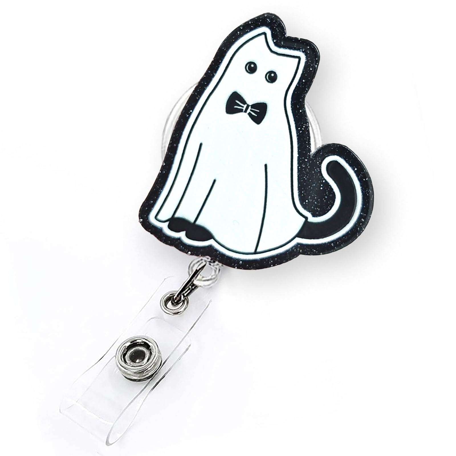 Ghost Black Cat Badge Reel Retractable, Funny Halloween Badge Reel for Nurse Nursing Student RN CNA Medical Worker & Teacher, Cute Spooky Cat Badge