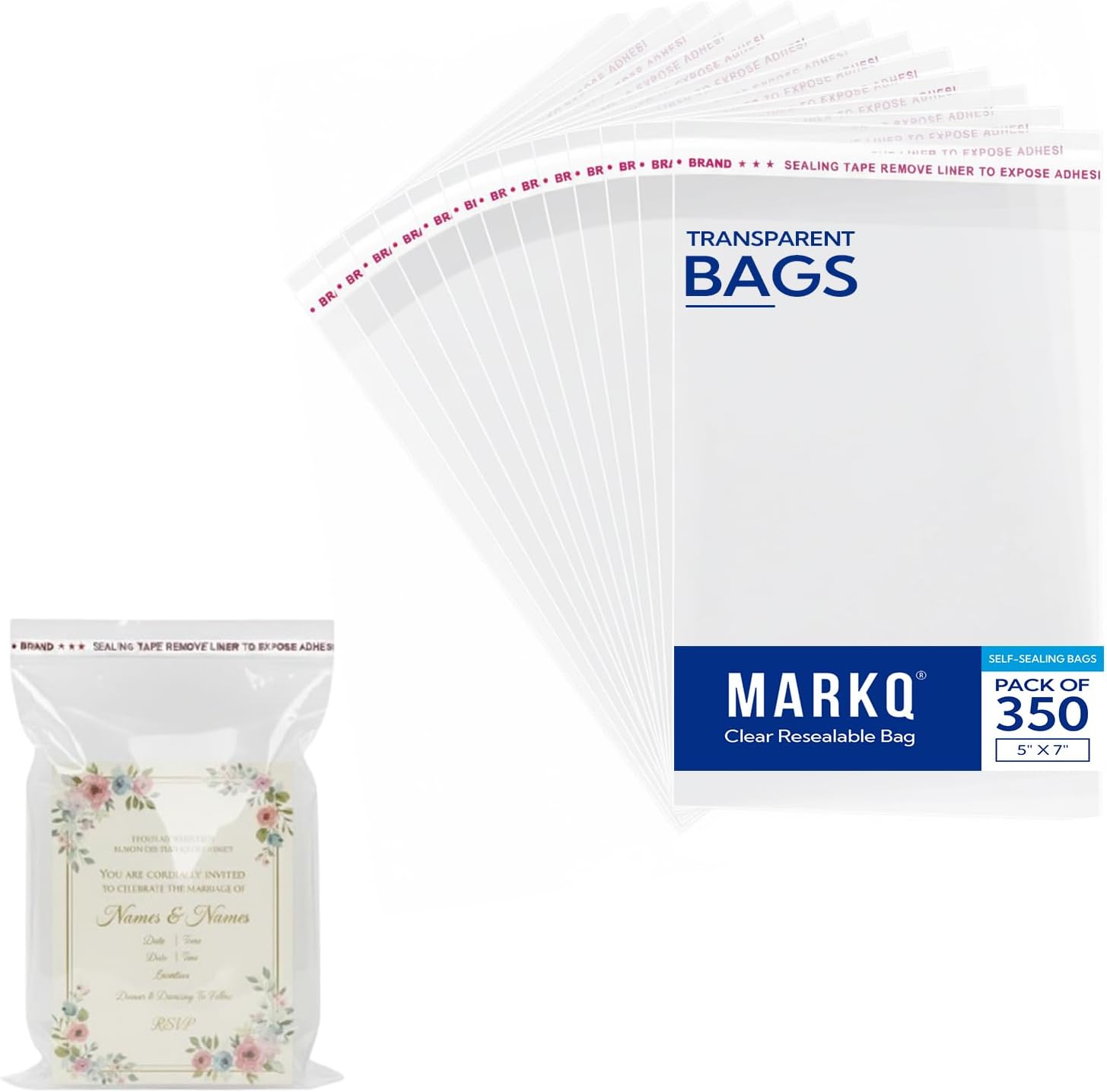MARKQ [350 Pieces] Clear Resealable Cellophane Bags [5x7Inch] - Self-Sealing Poly Bags for Treats, Sweets, A1 Cards, Envelopes, Bath Bombs & Wedding Favors
