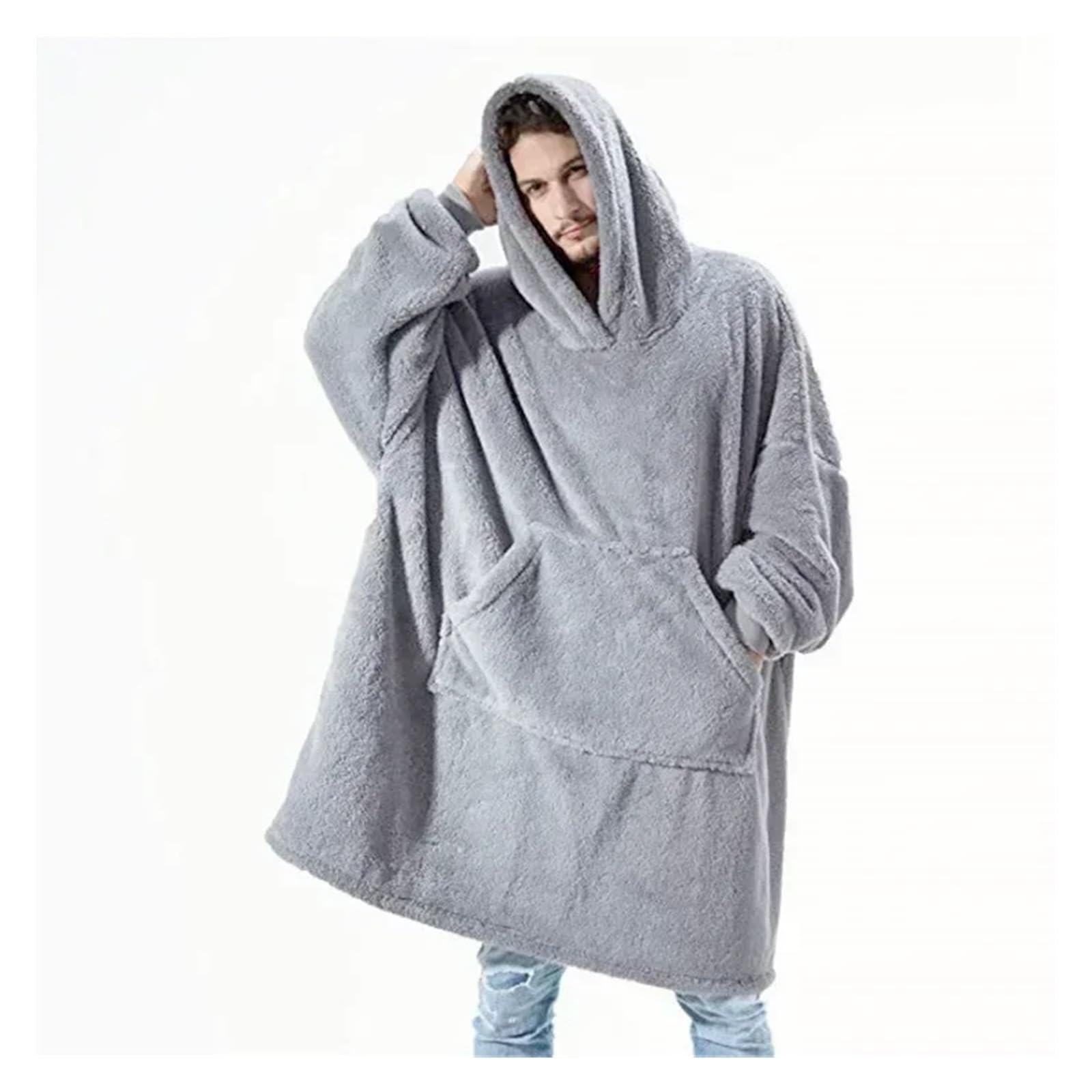 Invierno con Capucha suéter Manta Mujer Polar de Gran tamaño Mangas Bolso Grande cálido Grueso TV Bata Pareja(Style A-Gray)