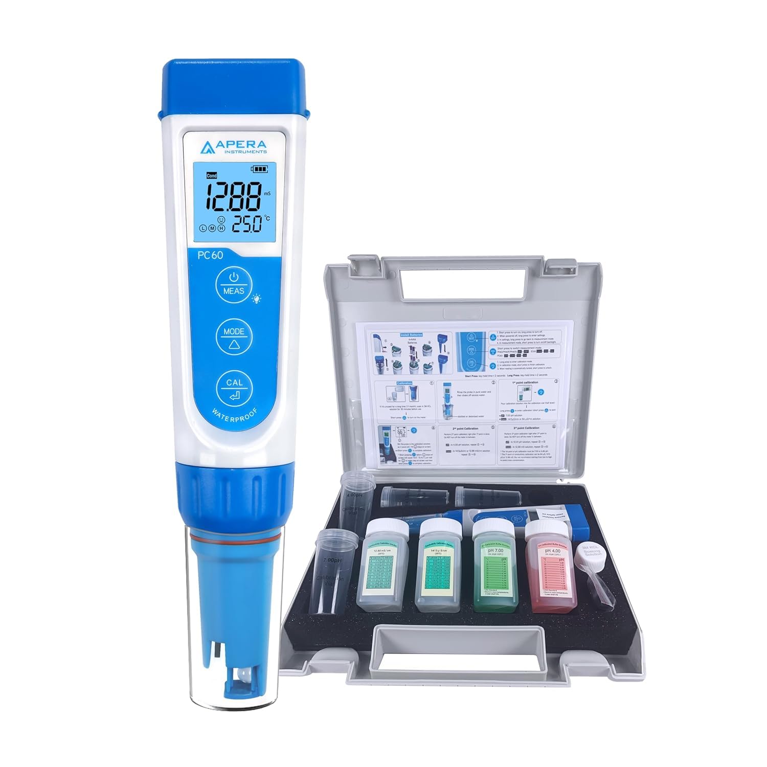 Apera Instruments PC60 Testeur de poche multi-paramètres pH/EC/TDS/salinité avec sonde remplaçable, étanche, ± 0,01 pH/1% de précision & Solution de stockage 3M KCl (250 ml)