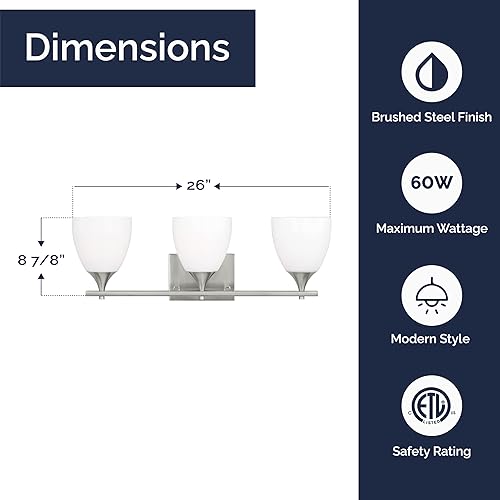 Miniatura 4 de Scott Living Toffino - Moderno aplique de pared de baño de 3 luces en acabado plateado de acero cepillado con pantallas de vidrio de leche