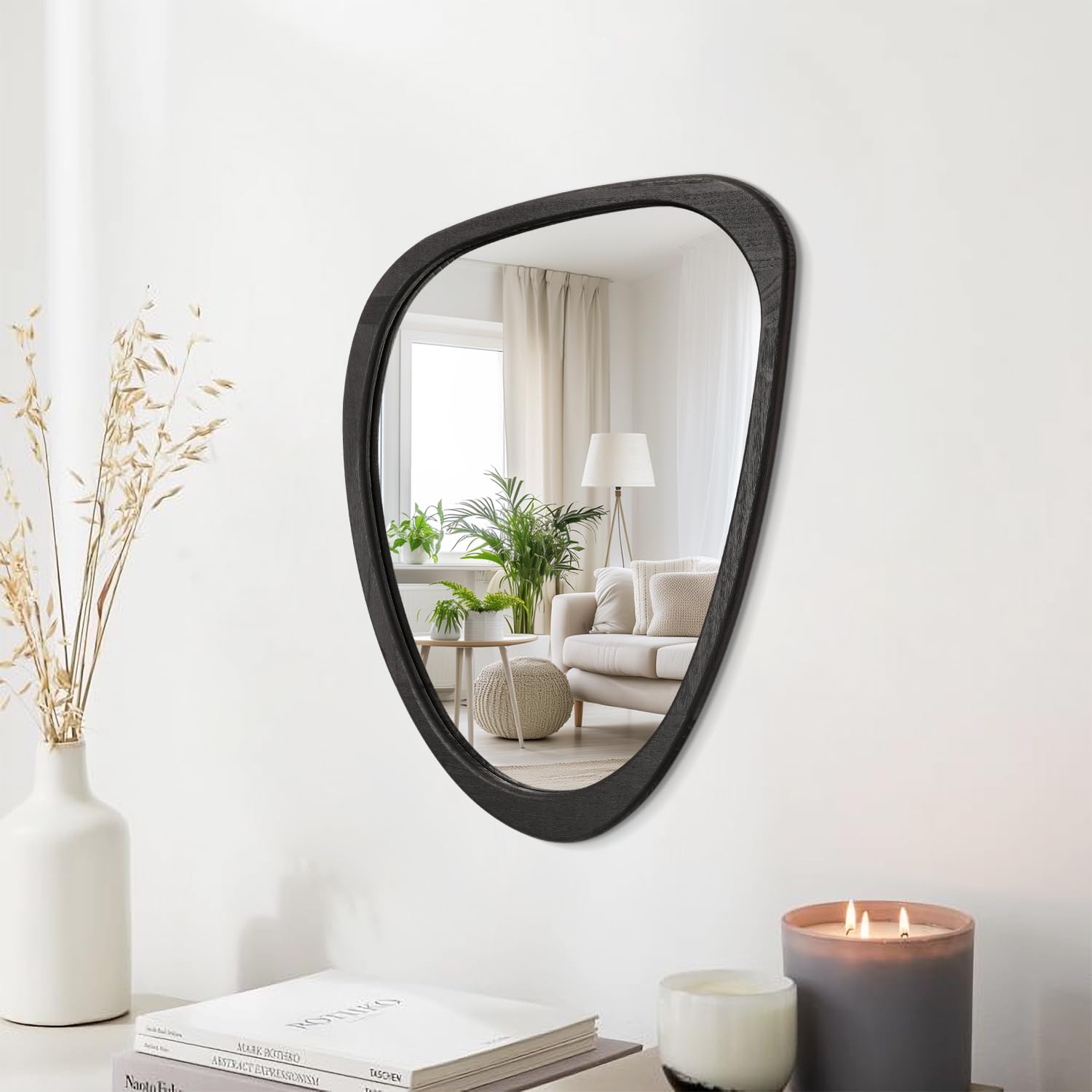 Miroir Mural Asymétrique En Bois Noir Moderne - Décoration Unique Salon Chambre Salle De Bain 20x16"