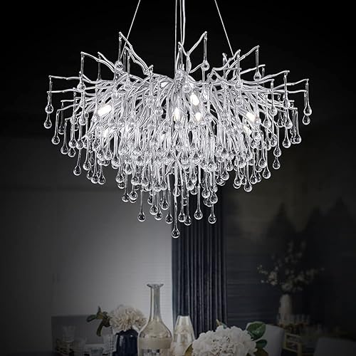 Lámpara de araña de cristal de gota de lluvia plateada de 31.5 pulgadas, lámpara colgante de techo de lujo para sala de estar, vestíbulo, decoración